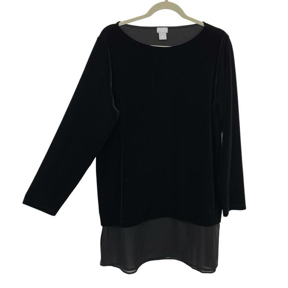 Chicos 2 Velvet Tunic Size Large Black Boat neck Chiffon Hem Travelers Lagenlook - Picture 1 of 8
